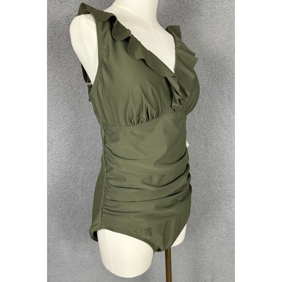 Dkny Womens Ruffle Plunge Underwire Tummy Control One-Piece Swimsuit Moss 16 NWT - Picture 3 of 8